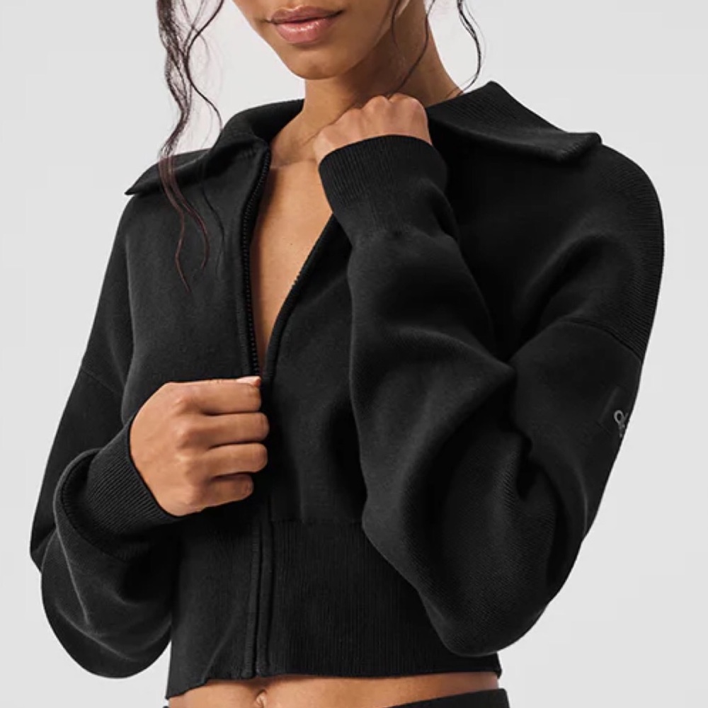 Alo Yoga Scholar Knit Cropped Full Zip Jacket Black XS